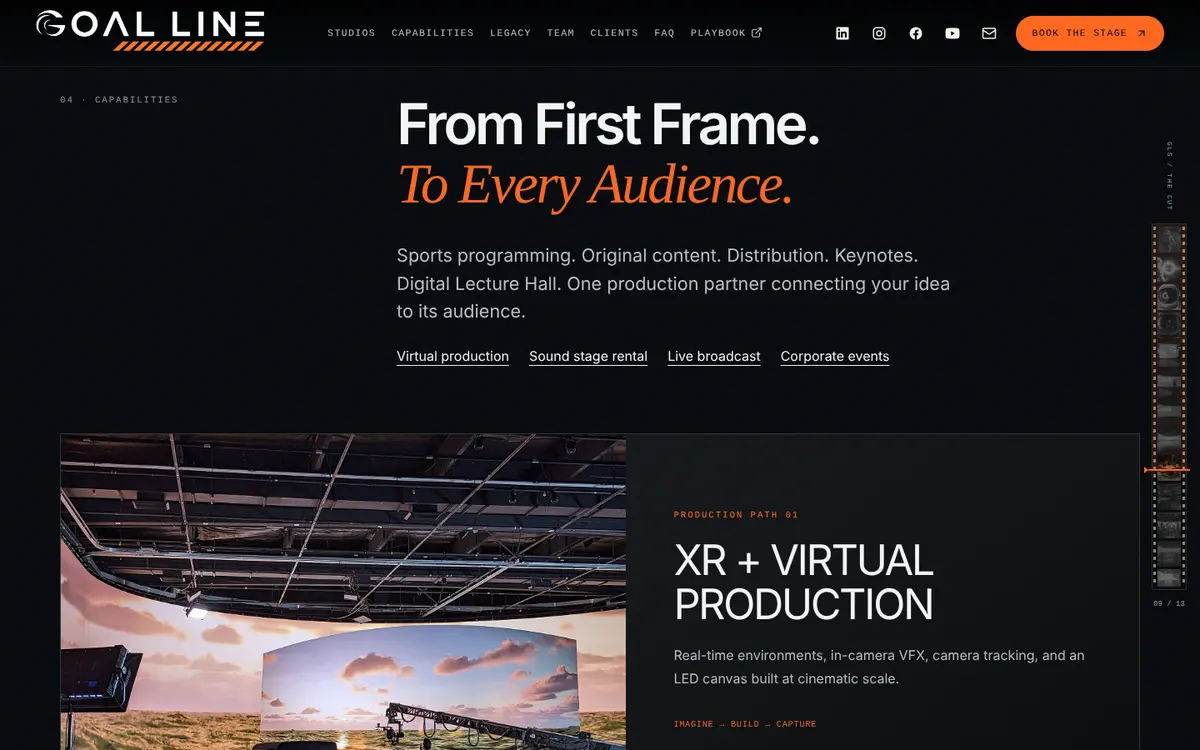 Goal Line Studios website by Trinity: XR and virtual production section