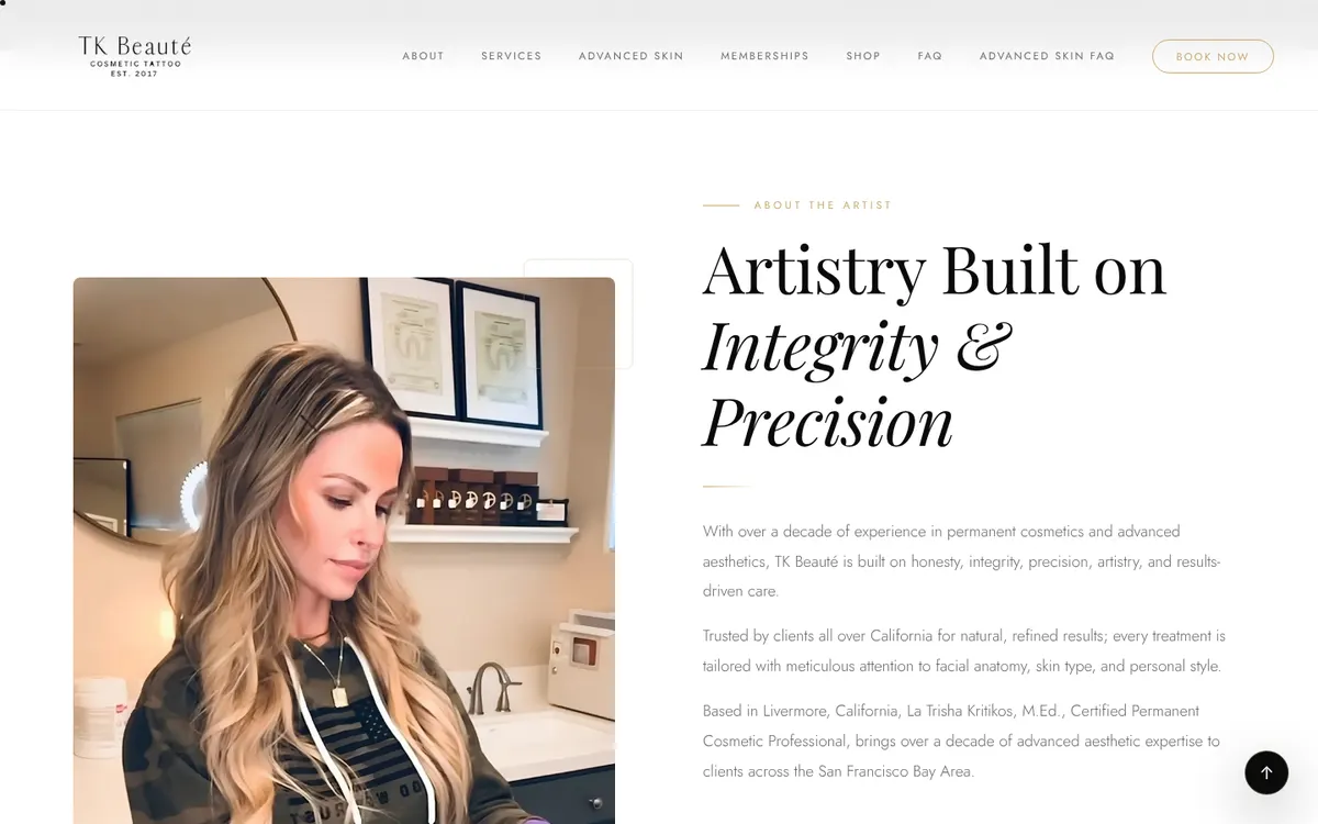 TK Beaute website by Trinity: artistry built on integrity and precision section