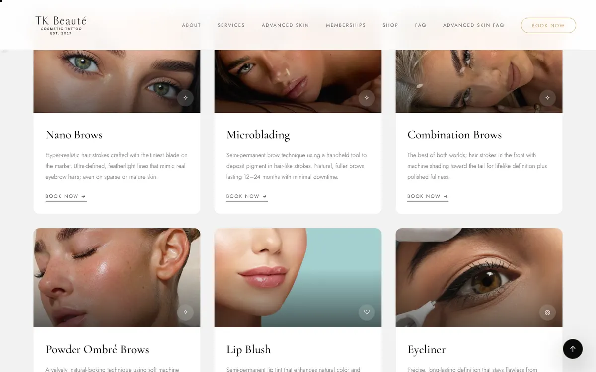 TK Beaute website by Trinity: permanent makeup services section